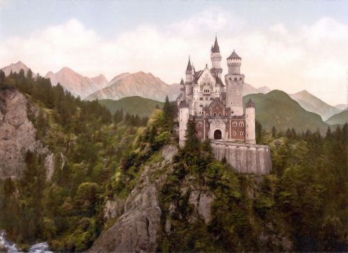 A photochrom print of the front of Neuschwanstein Castle, Bavaria, Germany taken as few as ten years after the completion of the castle